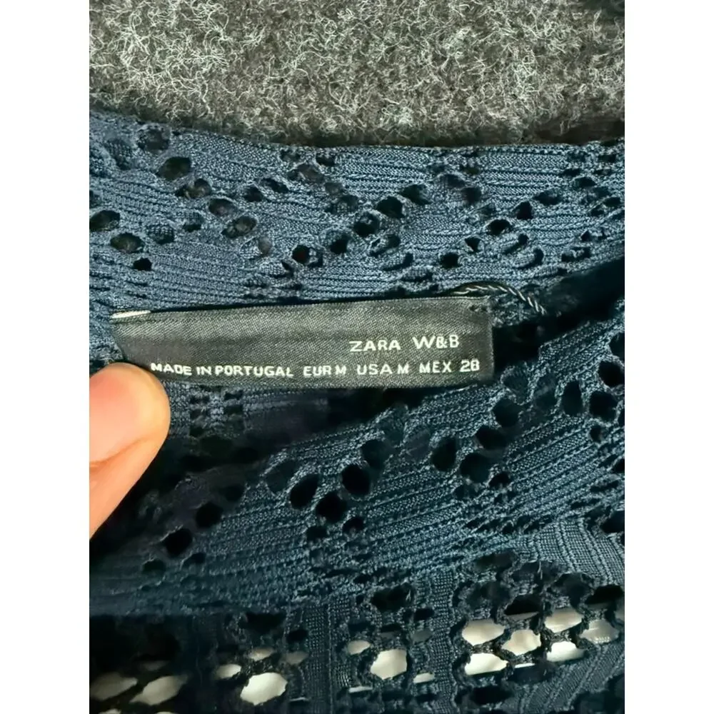 ZARA W&B Blue Lace Crochet Long Sleeve Crop Top Women's Medium EUC